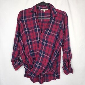 Harper Women's Red Collared Plaid Long Sleeve Wrap Twist Top Size XS